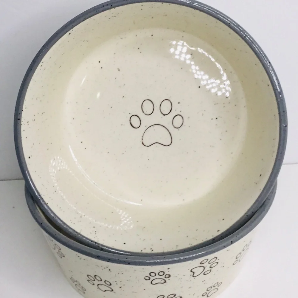 2 Pet Bowl Cat Kitten PAWS Food Water Dish Bowl Pacifica Pottery Gray New